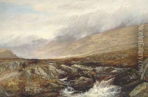 A drover and his cattle on a Highland track beside a rocky stream Oil Painting - Charles Thomas Burt