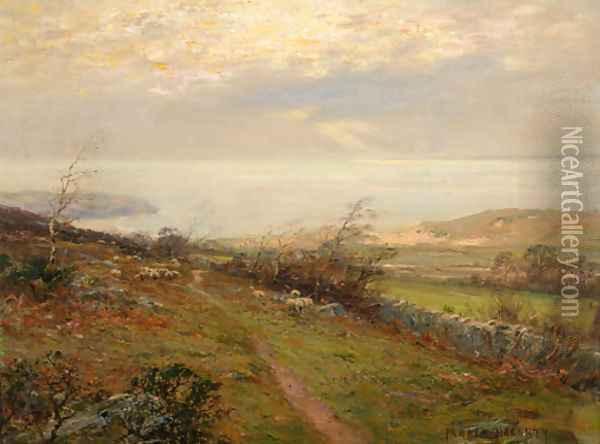 Sheep grazing in a coastal landscape Oil Painting - Parker Hagarty