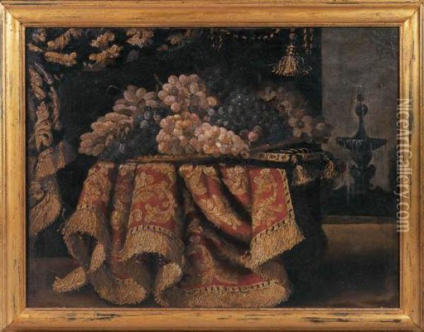 Still Life Of Grapes On A Tapestry Covered Table Oil Painting - Francesco (Il Maltese) Fieravino