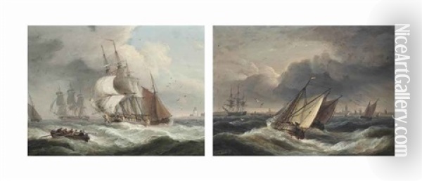 Merchantmen In A Stiff Breeze Off A Headland; And Windschips In A Freshening Breeze On The Scheldt (a Pair) Oil Painting - Thomas Luny