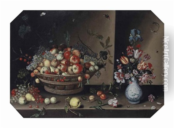 Fruit In A Basket And Flowers In A Delft Porcelain Vase, On A Ledge Oil Painting - Johannes Baers