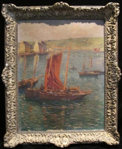Barque De Peche A La Voile Rouge Oil Painting - Jules Ribeaucourt