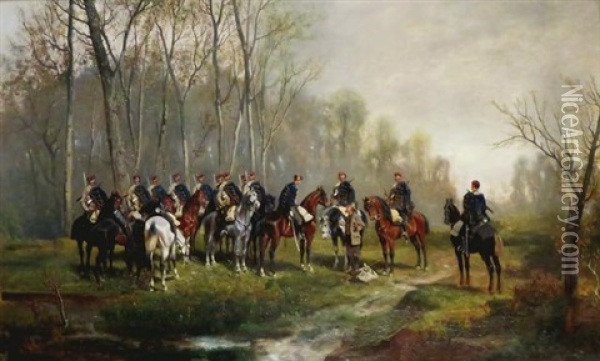 Auf Vorposten (soldiers Stopped Along A Forest Road) Oil Painting - Alexander Ritter Von Bensa