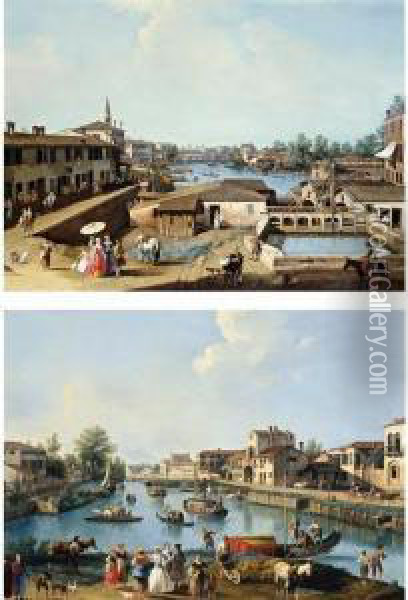 A View Of The Mills At Dolo On The Brenta; A View On The Brenta Canal, Possibly At Dolo Oil Painting - Gianbattista Cimaroli