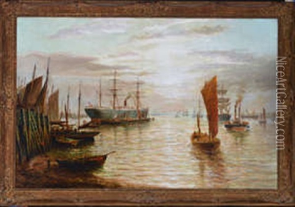 Fishing Boats And Merchant Shipping At North Shields Oil Painting - Bernard Benedict Hemy