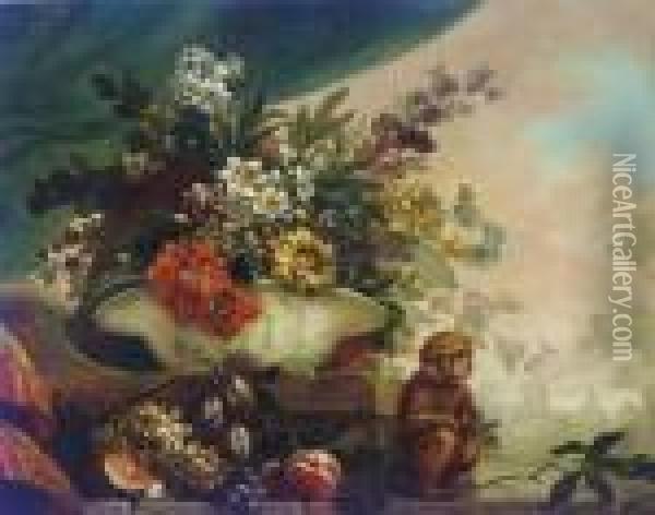 Flowers In A Porcelain Bowl, A Melon, Grapes And Other Fruit On A Ledge, With A Monkey Oil Painting - Jean-Baptiste Monnoyer