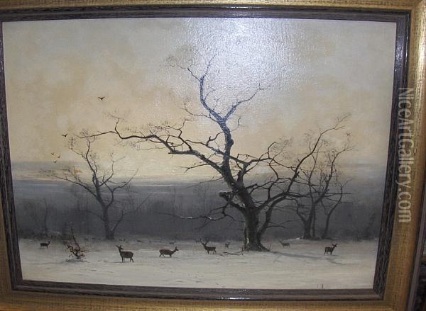 Deer In A Winter Landscape Oil Painting - Niels Christensen