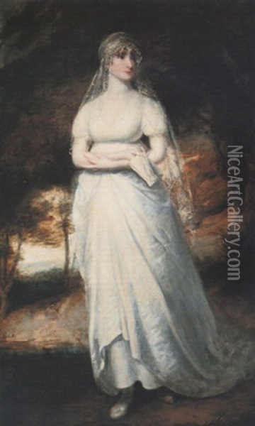 Portrait Of A Lady, Standing, Full Length, In A White Dress, In A Landscape Oil Painting - Sir William Beechey