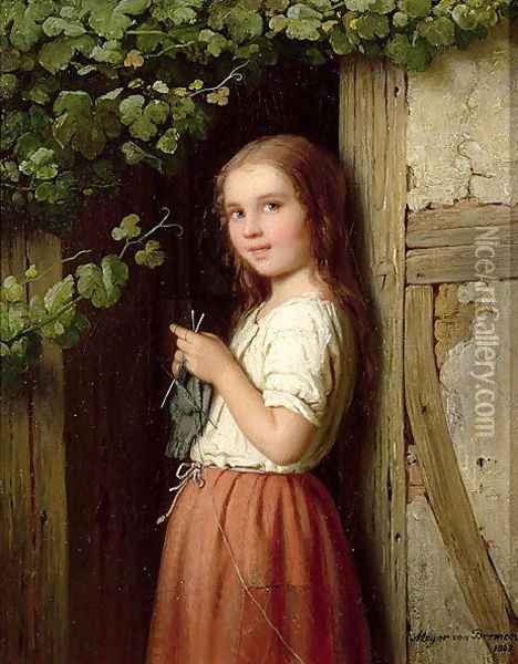 Young Girl Standing in a Doorway Knitting, 1863 Oil Painting - Meyer Georg von Bremen