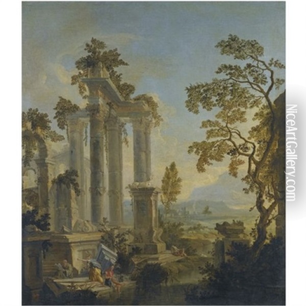An Extensive River Landscape With Figures Resting Beside Classical Ruins Oil Painting - Willem van der Hagen
