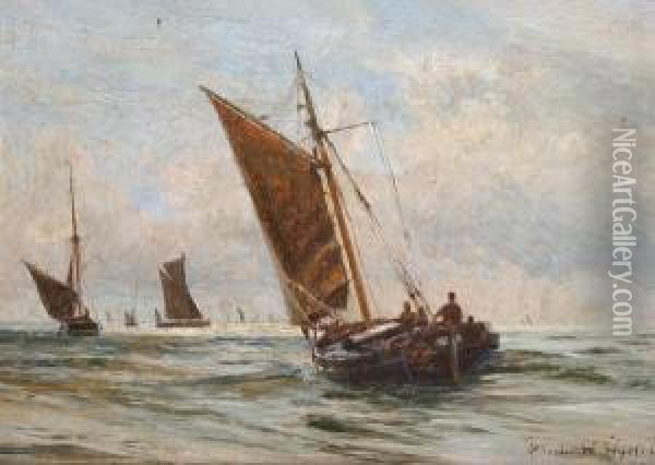 A Fishing Boat And Barges In Sail, Possiblythe Thames Estuary Oil Painting - Charles William Wyllie