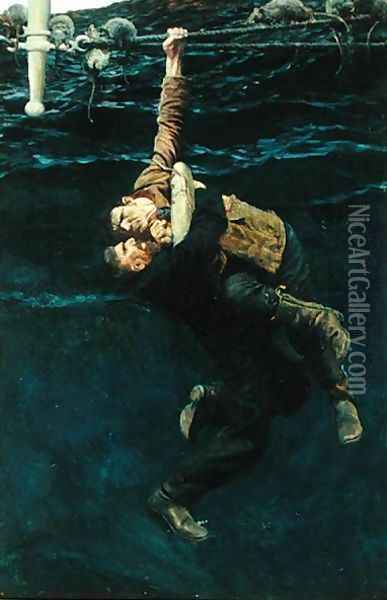 He Lost his Hold and Fell, Taking Me with him, from The Grain Ship by Morgan Robertson, published in Harpers Monthly Magazine, March 1909 Oil Painting - Howard Pyle