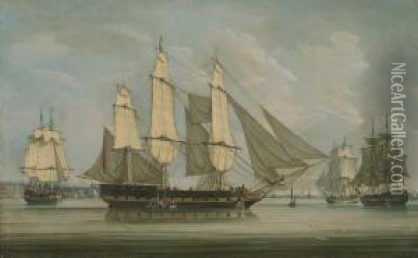 Merchant Ships Off Liverpool, Drying Their Sails Whilst Lying Inthe Mersey River Oil Painting - Robert Salmon