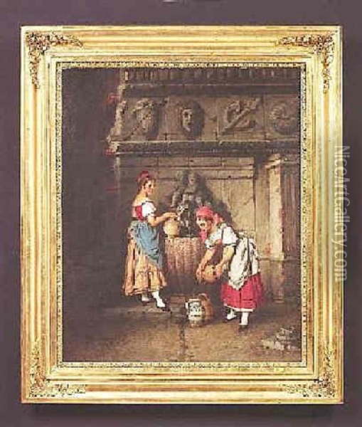 Zwei Madchen Mit Ihren Krugen Am Brunnen Oil Painting - Hermann Kern