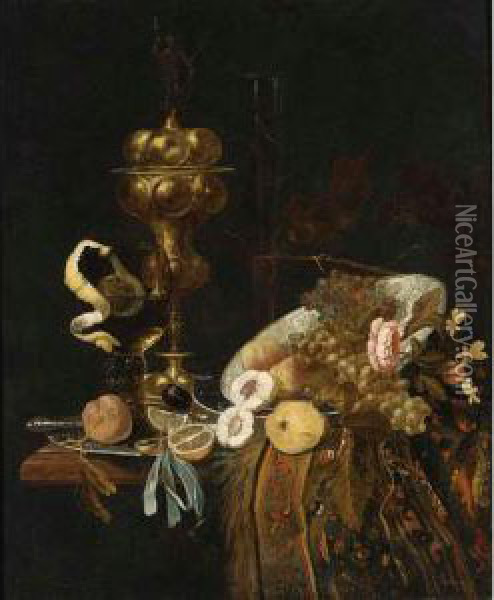 Still Life Of Fruits With A Roemer, A Gilt Goblet, A Wine-glass And A Pocket-watch, All On A Table Oil Painting - Christiaen van Dielaert