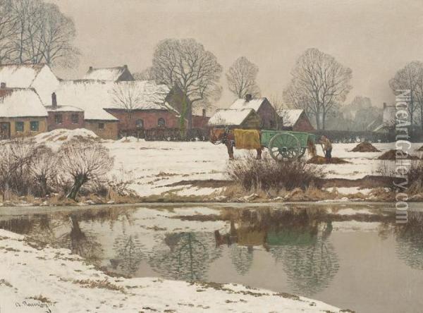 Winterlich Verschneitesgehoft Am Niederrhein Mit Bauer Auf Dem Feld Oil Painting - Alfred Rasenberger