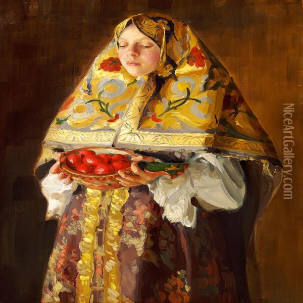 A Young Russian Woman With A Dish Of Apples Oil Painting - Ivan Semionovich Kulikov