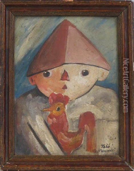 Child With Rooster Oil Painting - Tadeusz (Tade) Makowski