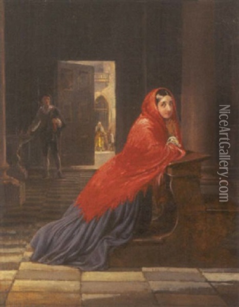 En Ung Pige Knaeler Bedende I En Venetiansk Kirke Oil Painting - Wilhelm Nicolai Marstrand