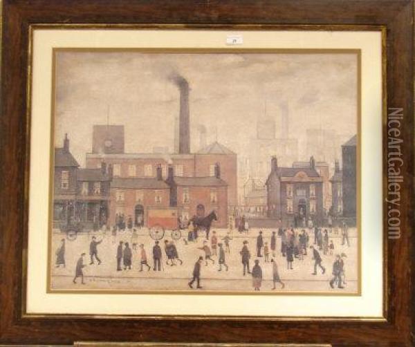 Figures Horse And Trap Before Buildings And Factories. Oil Painting - Lowry Lewis