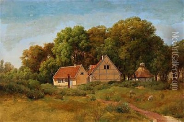 Summer Idyll With Danish Farmhouses Oil Painting - August Wilhelm Boesen