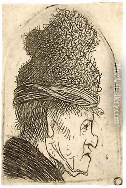 A grotesque Profile Man in a high Cap Oil Painting - Harmenszoon van Rijn Rembrandt