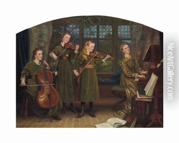 The Home Quartette: Mrs Vernon Lushington And Her Children Oil Painting - Arthur Hughes