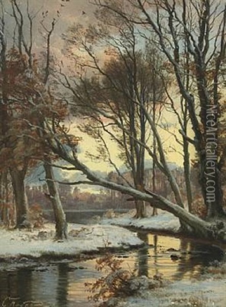 Wintry Landscape With A Stream Oil Painting - Carl Frederik Peder Aagaard