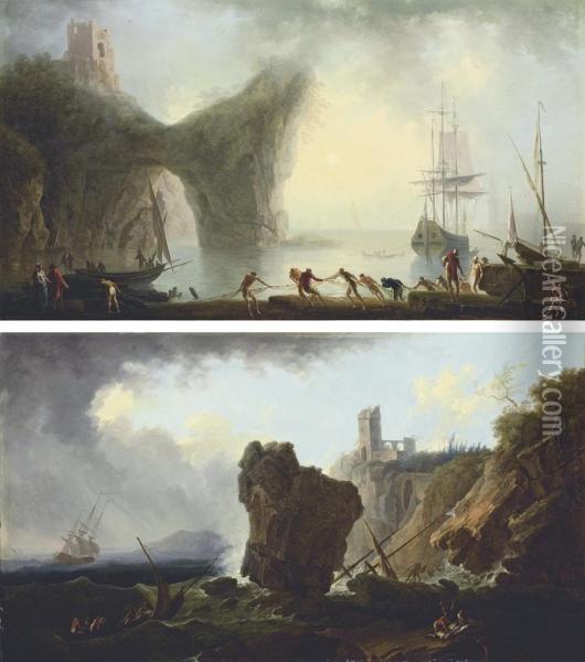 A Coastal Landscape With A Natural Arch And Fishermen Drawing Intheir Nets Oil Painting - Francesco Fidanza
