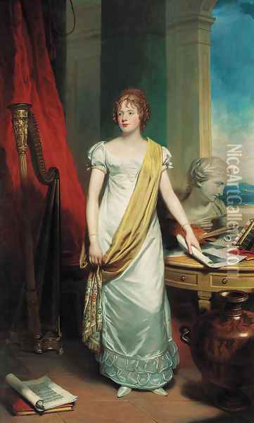 Portrait of a lady, full-length, in a white dress with a yellow silk sash Oil Painting - Sir Martin Archer Shee