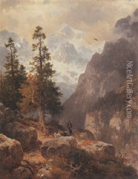 Hirte Mit Seinen Schafen Im Hochgebirge Oil Painting - Ludwig Sckell