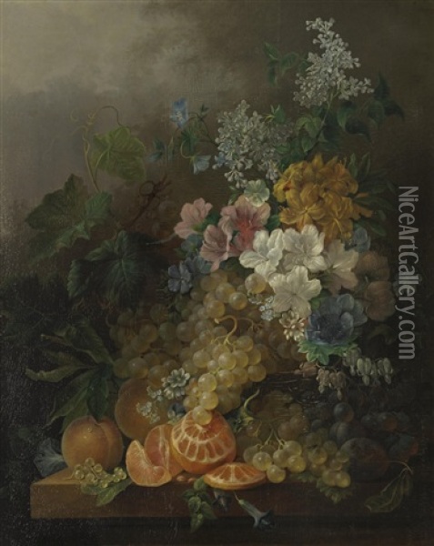 A Still Life With Flowers, Peaches, Grapes And A Peeled Orange, All Resting On A Table Oil Painting - Jan Van Der Waarden
