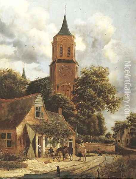 A village landscape with travellers taking refreshments at the Swan inn, a church nearby Oil Painting - Salomon Rombouts