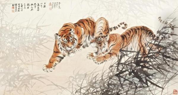 Tigers In The Bush Oil Painting - Zhang Shanzi