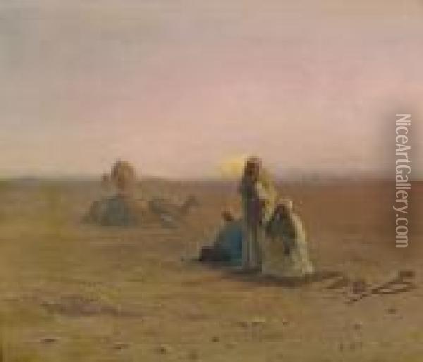 Araber Mit Kamelen Beim Morgengebet In Der Wuste Oil Painting - Otto Pilny