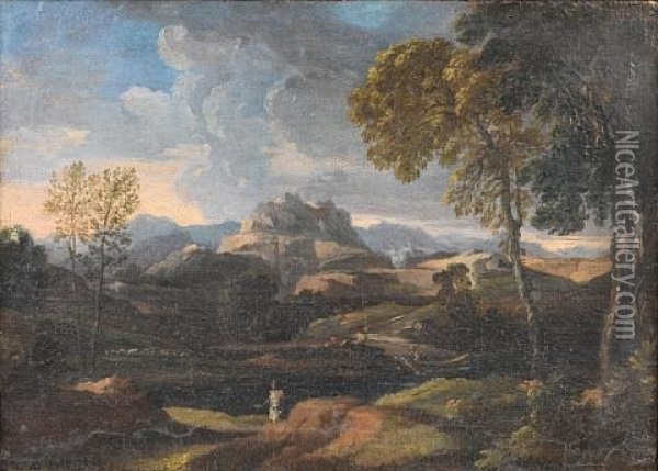 A Classical Figure In An Italianate Landscape, Mountains On The Horizon Oil Painting - Johannes (Jan) Glauber