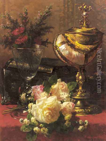 A Bouquet of Roses and other Flowers in a Glass Goblet with a Chinese Lacquer Box and a Nautilus Cup on a red Velvet draped Table Oil Painting - Jean-Baptiste Robie