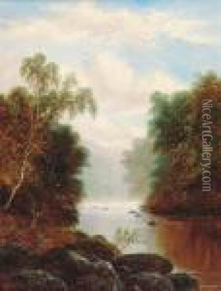 A Tranquil Wooded River Landscape; And A Waterfall In A Woodedlandscape Oil Painting - William Mellor
