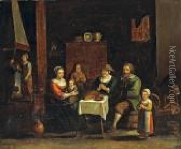 A Family Saying Grace In A Kitcheninterior Oil Painting - Gillis van Tilborgh
