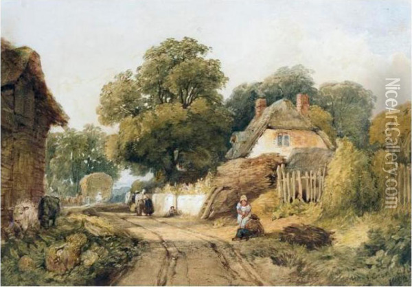Harvesters In A Country Village Oil Painting - Edward Duncan