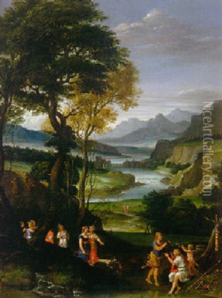 An Extensive River Landscape With Atalanta And Meleager Oil Painting - Giovanni Battista Viola
