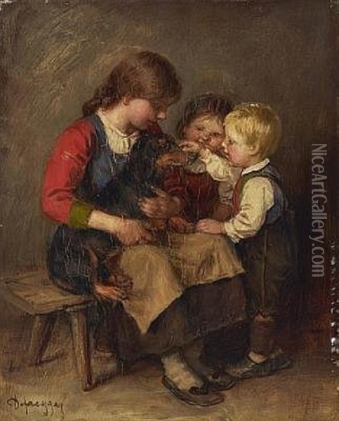 Kinder Mit Dackel Oil Painting - Franz Von Defregger