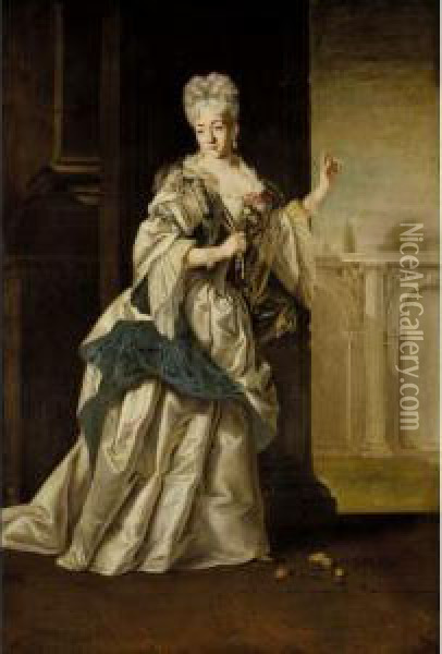 A Portrait Of A Noblewoman, Full
 Length, Standing In A Classical Palace And Wearing A White Satin Dress 
And Pearl Neclace Oil Painting - Dalle, Il Mulinaretto Giovanni Maria Piane