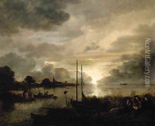 Estuary Landscape by Moonlight Oil Painting - Aert van der Neer