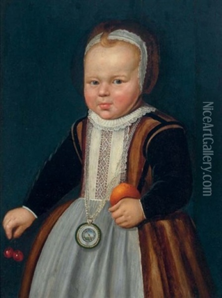 Portrait Of A Child Wearing A Pocket Watch On A Chain, Holding An Orange And Cherries Oil Painting - Jacob Gerritsz Cuyp