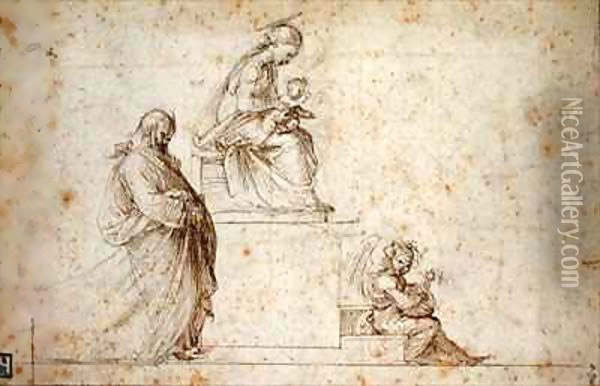 Virgin and Child on a pedestal with Joseph and an angel playing the mandolin Oil Painting - Fra Bartolommeo della Porta