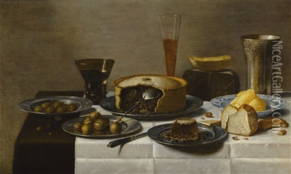 Still Life Of Meat Pies, Bread, Butter, Cheese And Olives With Glassware Oil Painting - Floris Gerritsz. van Schooten