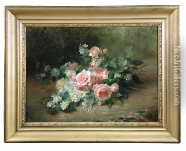 Still Life Of Pink Roses, Narcissi And Daisies Oil Painting - Jules Ferdinand Medard