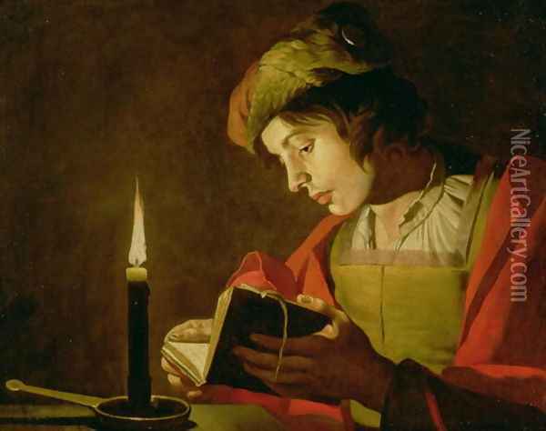 Young Man Reading by Candle Light Oil Painting - Matthias Stomer