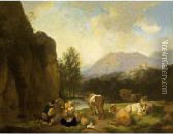 An Italianate Mountainous 
Landscape With A Shepherds' Family With Their Herd And A Dog Resting 
Near A Stream Oil Painting - Christian Wilhelm Ernst Dietrich